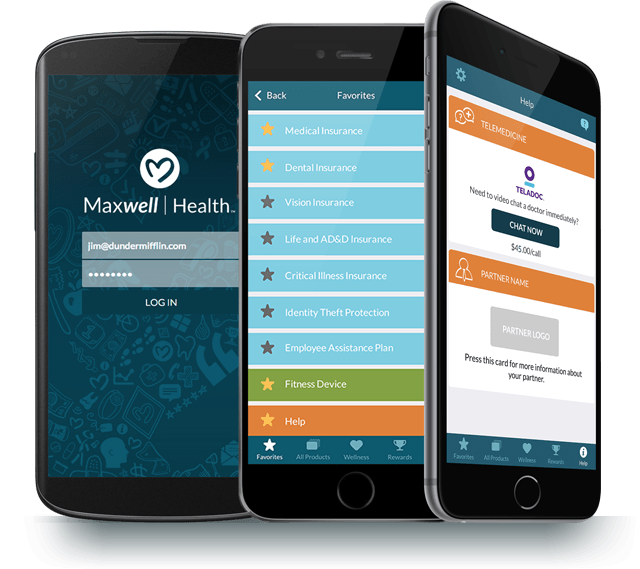 three smartphones displaying the maxwell health app