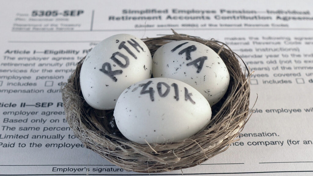Picture of eggs with 401k and IRA written on them